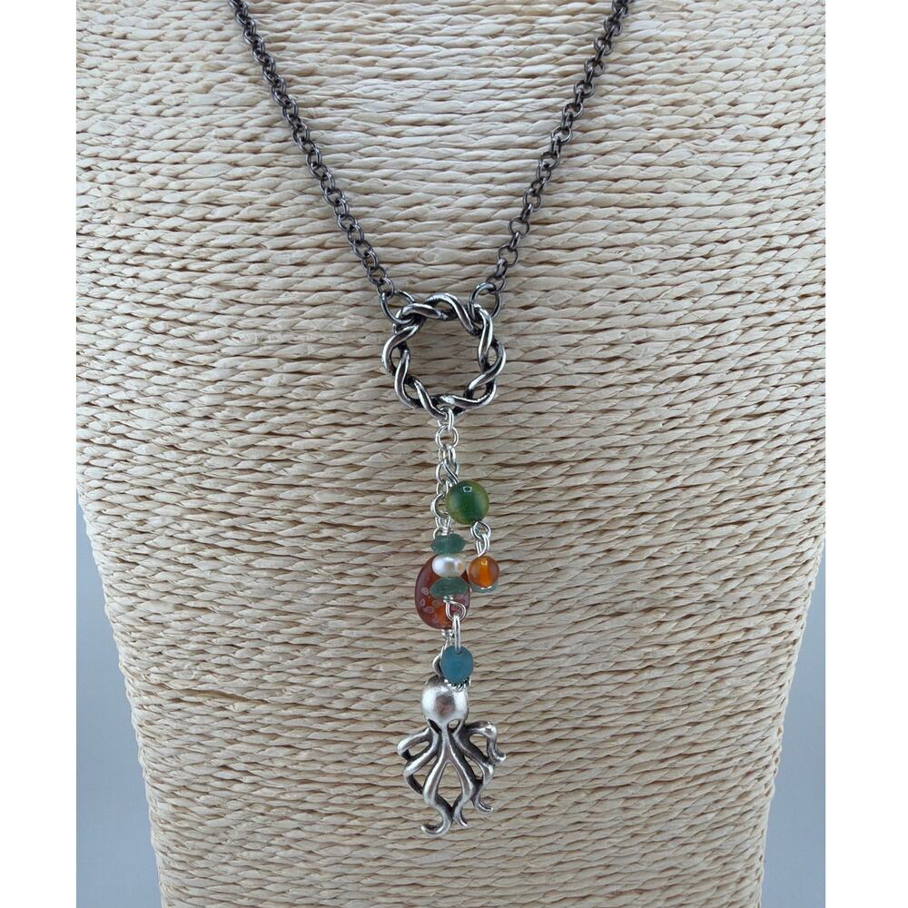 Artisan Mixed Gemstone Twisted Circle Pendant Octopus Charm Necklace